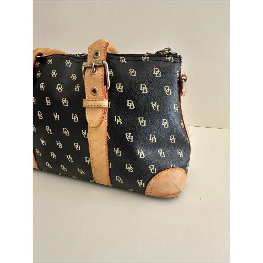 Dooney & Bourke y2k Black Boston Monogram Tan Leather Trim Satchel